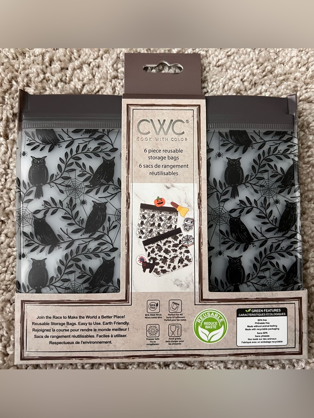 CWC Halloween Owl Spiderweb Raven Reusable Zip Storage Bags - (6) Piece